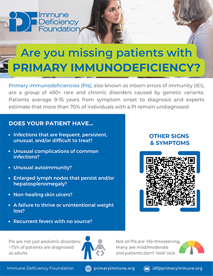 Front of the "Are you missing patients with primary immunodeficiency?" flyer for primary care providers.