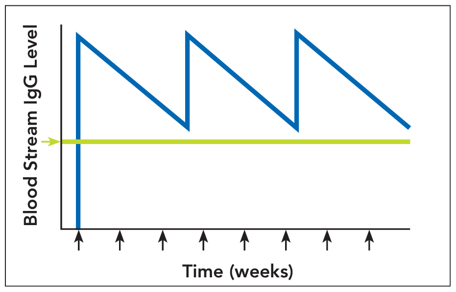 IgG levels for intravenous immunoglobulin (IVIG) therapy with dosing every 3-4 weeks.