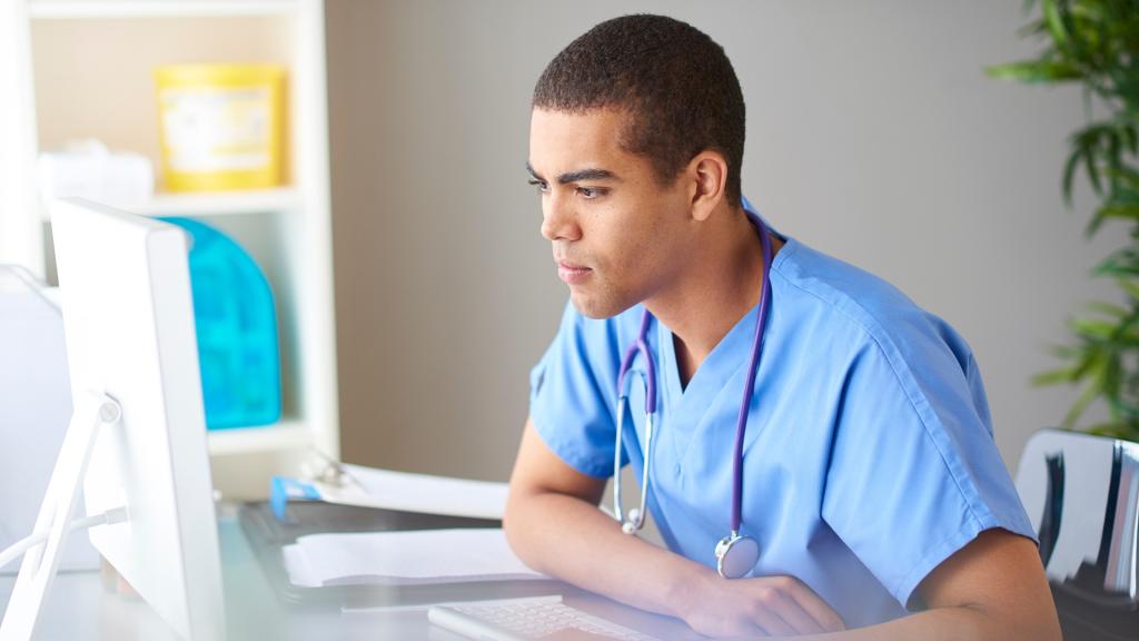 Young healthcare provider sitting at a computer.