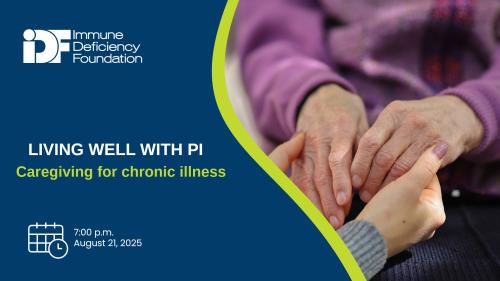 Two pairs of hands in an embrace with text which reads "Living well with PI: Caregiving for chronic illness"