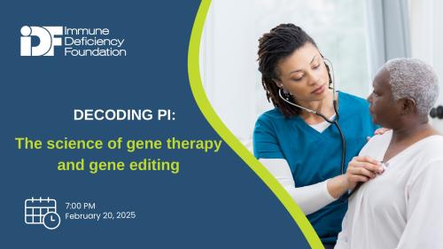 Nurse examining patient with text: "Decoding PI: The science of gene therapy ​and gene editing".