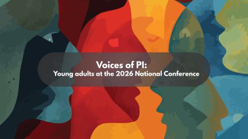 Mosaic conference logo with stylized facial silhouettes and text reading "Voices of PI: Young adults at the 2026 National Conference"